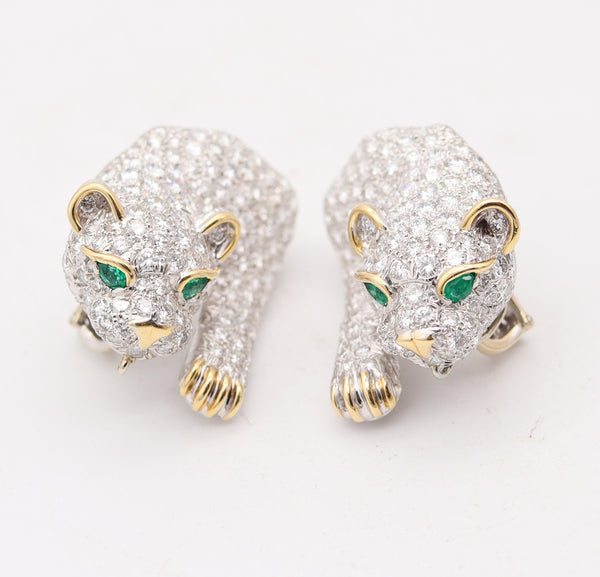 DAVID WEBB Panther Clips-On Earrings In Platinum With Diamonds & Emeralds