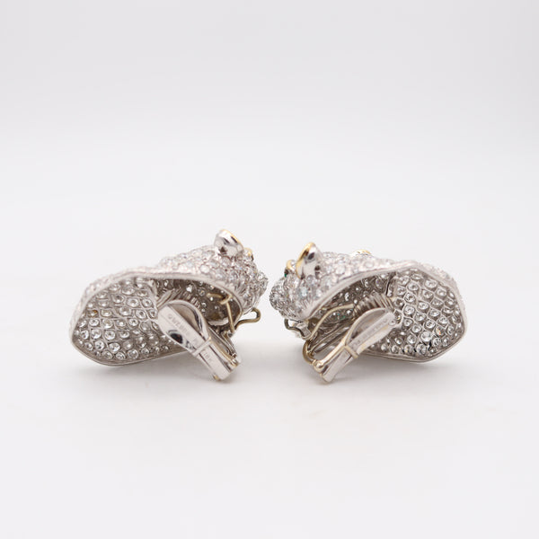 DAVID WEBB Panther Clips-On Earrings In Platinum With Diamonds & Emeralds