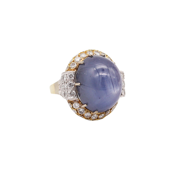 GIA CERTIFIED Huge Cocktail Ring 18Kt Gold With 54.31 Ctw Star Sapphire & Diamonds