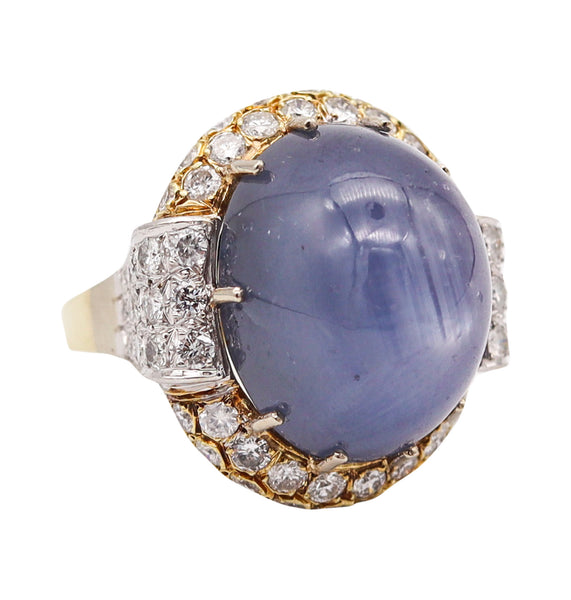 GIA CERTIFIED Huge Cocktail Ring 18Kt Gold With 54.31 Ctw Star Sapphire & Diamonds