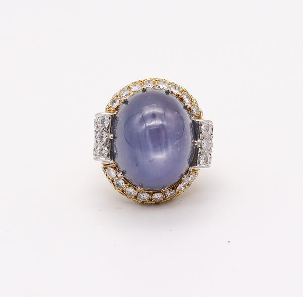 GIA CERTIFIED Huge Cocktail Ring 18Kt Gold With 54.31 Ctw Star Sapphire & Diamonds