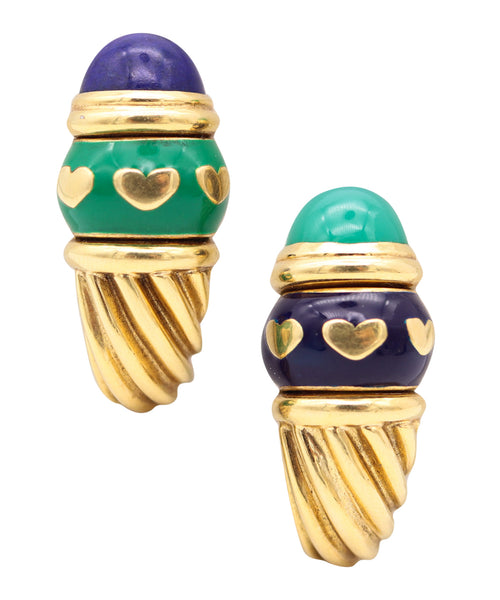 FRED PARIS Vintage Day-Night Clips On Earrings In 18Kt Gold, Lapis & Chrysoprase