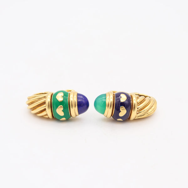 FRED PARIS Vintage Day-Night Clips On Earrings In 18Kt Gold, Lapis & Chrysoprase