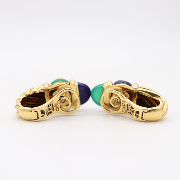 FRED PARIS Vintage Day-Night Clips On Earrings In 18Kt Gold, Lapis & Chrysoprase