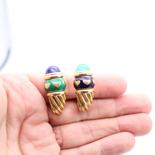 FRED PARIS Vintage Day-Night Clips On Earrings In 18Kt Gold, Lapis & Chrysoprase