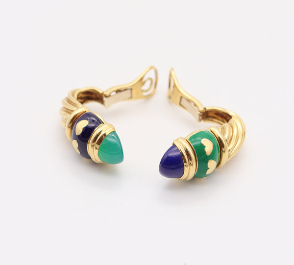 FRED PARIS Vintage Day-Night Clips On Earrings In 18Kt Gold, Lapis & Chrysoprase