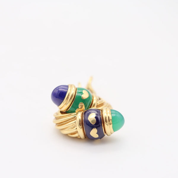 FRED PARIS Vintage Day-Night Clips On Earrings In 18Kt Gold, Lapis & Chrysoprase