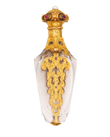 -French 1820 Baroque Rock Quartz Scent Perfume Bottle Mount In 18Kt Gold With Gemstones
