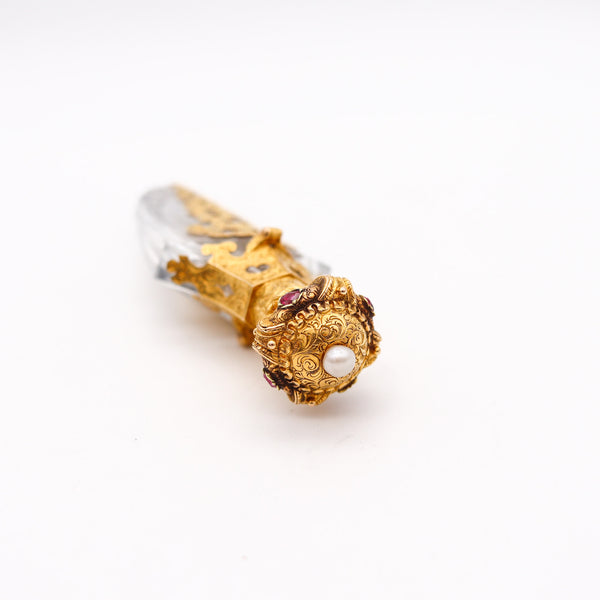 -French 1820 Baroque Rock Quartz Scent Perfume Bottle Mount In 18Kt Gold With Gemstones
