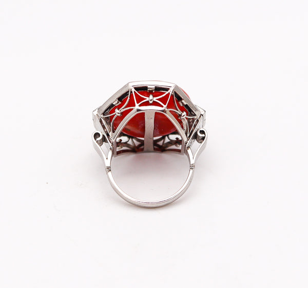 (S)-Art Deco 1925 Coral Cocktail Ring In Platinum With Carre Cut Diamonds And Onyx