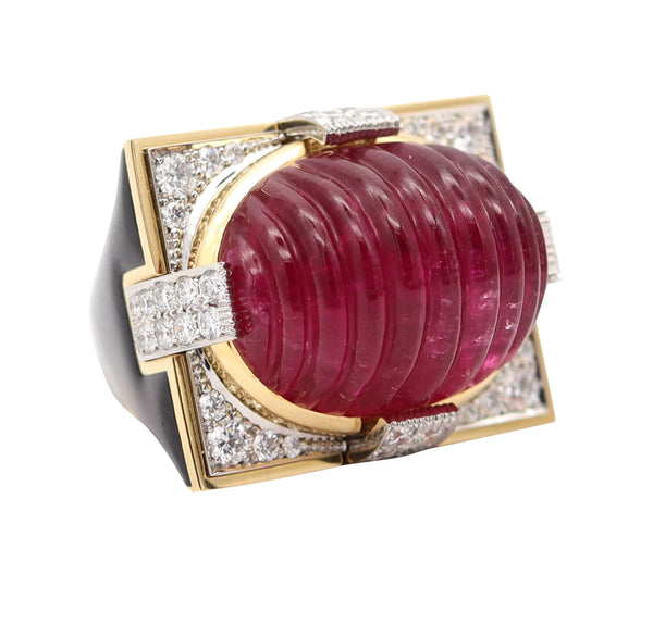 DAVID WEBB Black Enameled Cocktail Ring In 18Kt Gold With Rubellite & Diamonds