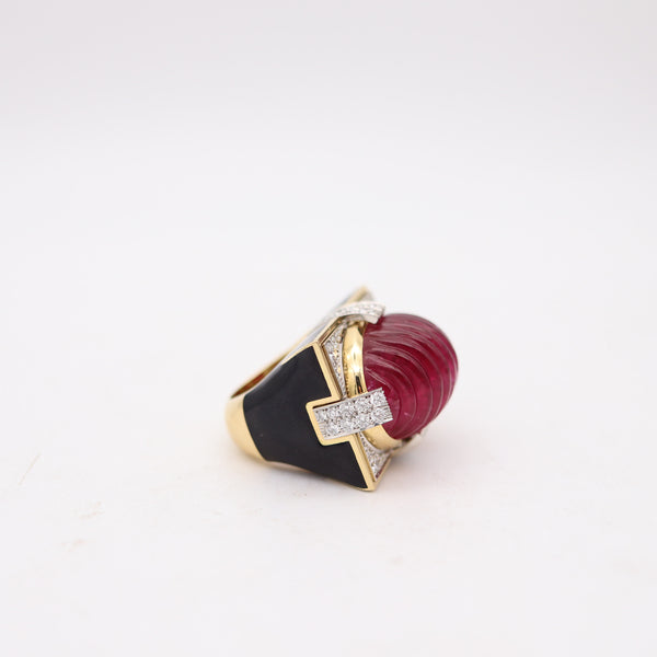 DAVID WEBB Black Enameled Cocktail Ring In 18Kt Gold With Rubellite & Diamonds