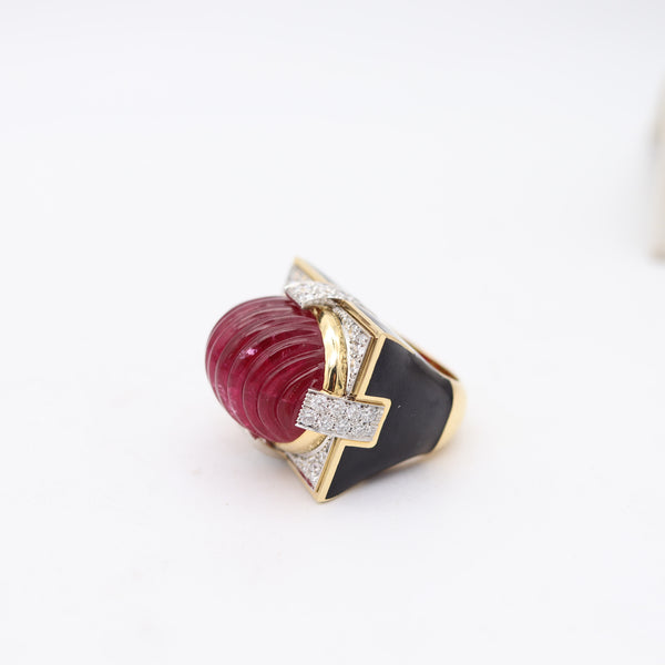 DAVID WEBB Black Enameled Cocktail Ring In 18Kt Gold With Rubellite & Diamonds