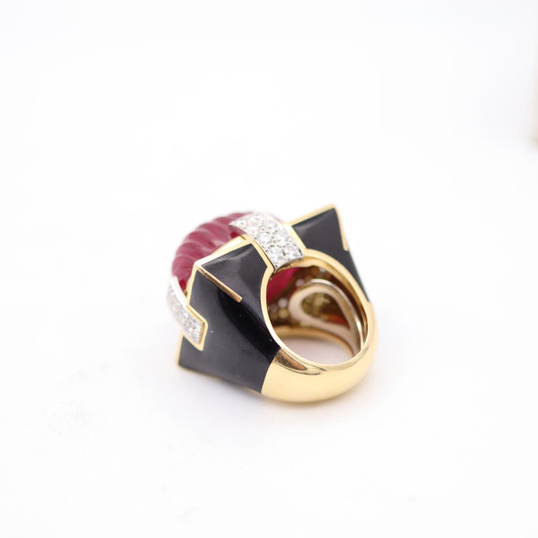 DAVID WEBB Black Enameled Cocktail Ring In 18Kt Gold With Rubellite & Diamonds