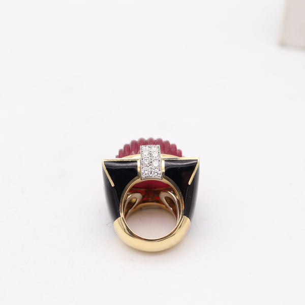 DAVID WEBB Black Enameled Cocktail Ring In 18Kt Gold With Rubellite & Diamonds