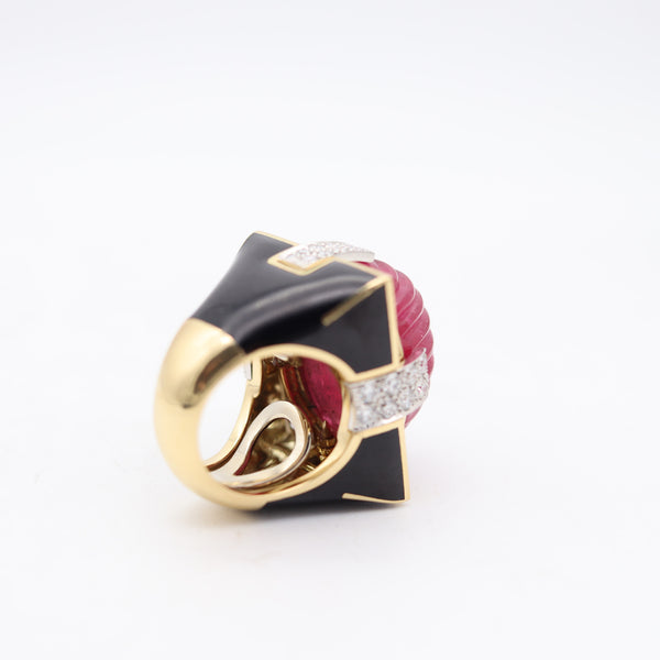 DAVID WEBB Black Enameled Cocktail Ring In 18Kt Gold With Rubellite & Diamonds