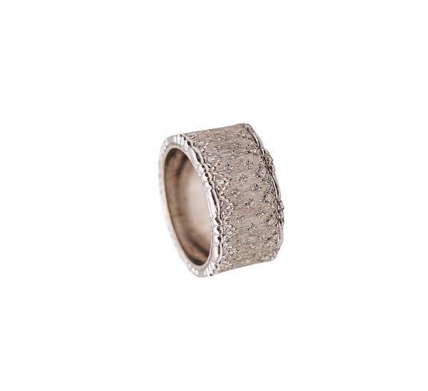 -Buccellati Milano Etched Ring Band In 18Kt White Brushed Gold 10mm