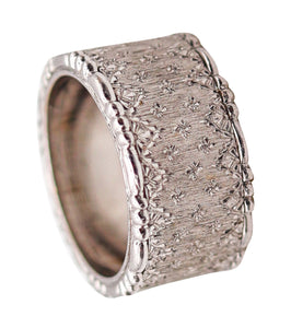-Buccellati Milano Etched Ring Band In 18Kt White Brushed Gold 10mm