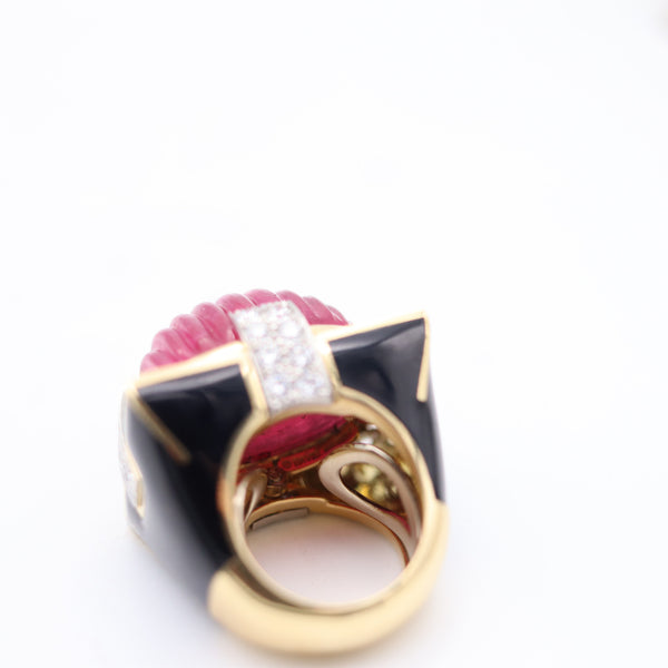DAVID WEBB Black Enameled Cocktail Ring In 18Kt Gold With Rubellite & Diamonds