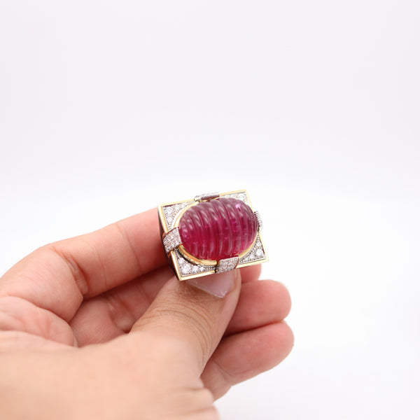 DAVID WEBB Black Enameled Cocktail Ring In 18Kt Gold With Rubellite & Diamonds