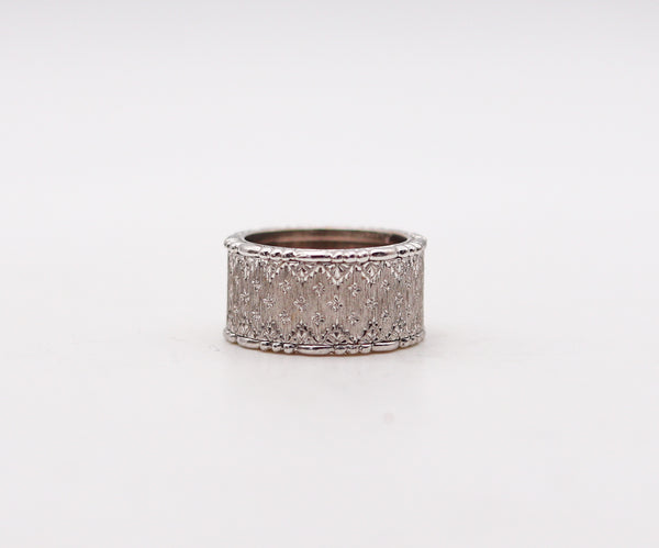 -Buccellati Milano Etched Ring Band In 18Kt White Brushed Gold 10mm