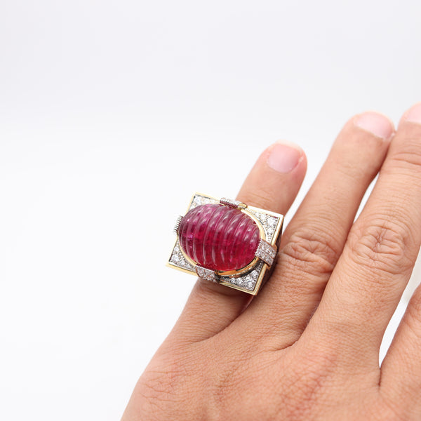 DAVID WEBB Black Enameled Cocktail Ring In 18Kt Gold With Rubellite & Diamonds