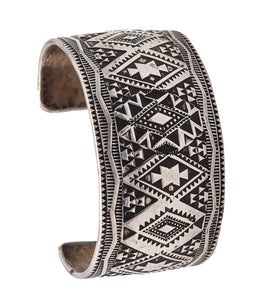 -Navajo 1950 Native American Geometric Cuff Bracelet In .925 Sterling Silver