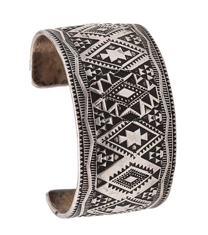 -Navajo 1950 Native American Geometric Cuff Bracelet In .925 Sterling Silver