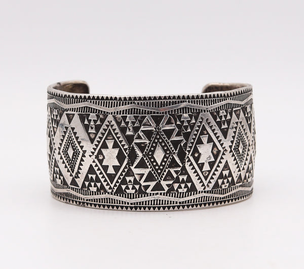 -Navajo 1950 Native American Geometric Cuff Bracelet In .925 Sterling Silver