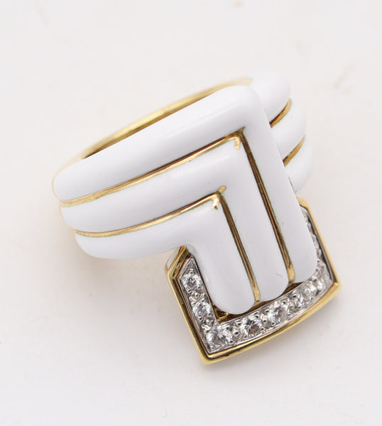 DAVID WEBB White Enameled Geometric Cocktail Ring With VVS Diamonds