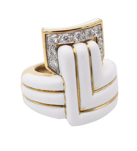 DAVID WEBB White Enameled Geometric Cocktail Ring With VVS Diamonds