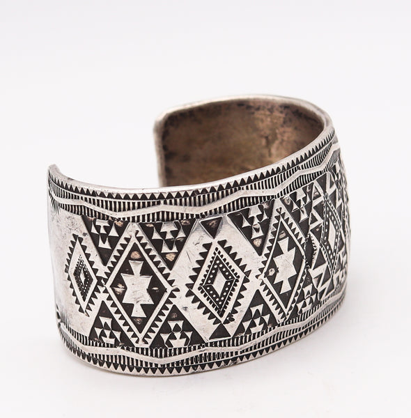 -Navajo 1950 Native American Geometric Cuff Bracelet In .925 Sterling Silver