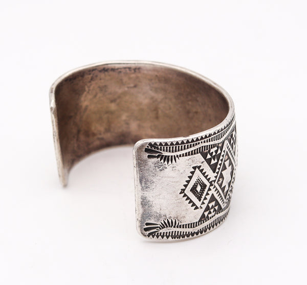 -Navajo 1950 Native American Geometric Cuff Bracelet In .925 Sterling Silver