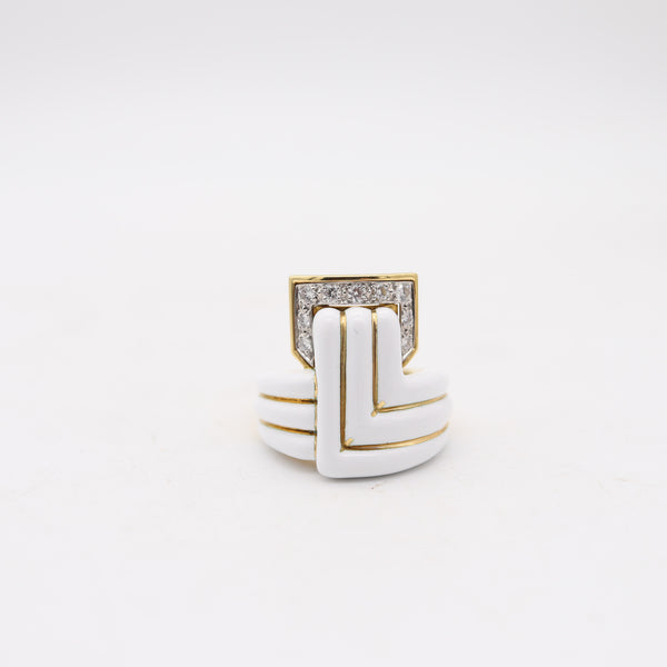 DAVID WEBB White Enameled Geometric Cocktail Ring With VVS Diamonds