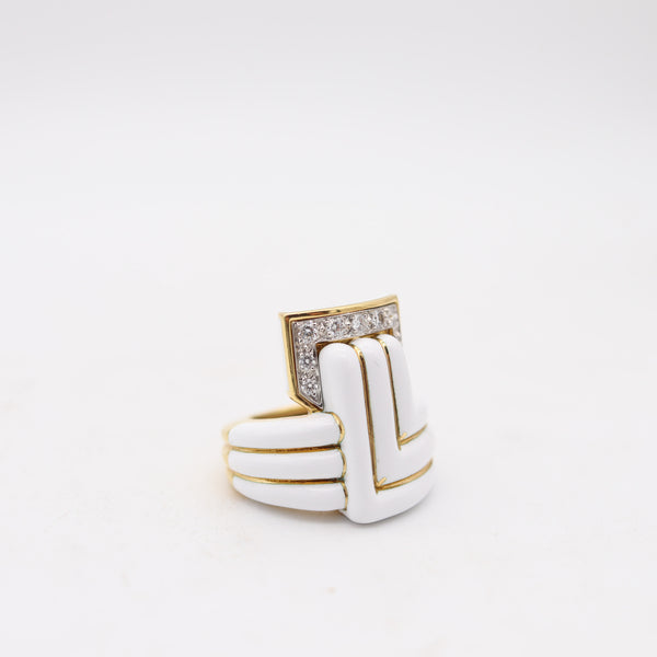 DAVID WEBB White Enameled Geometric Cocktail Ring With VVS Diamonds