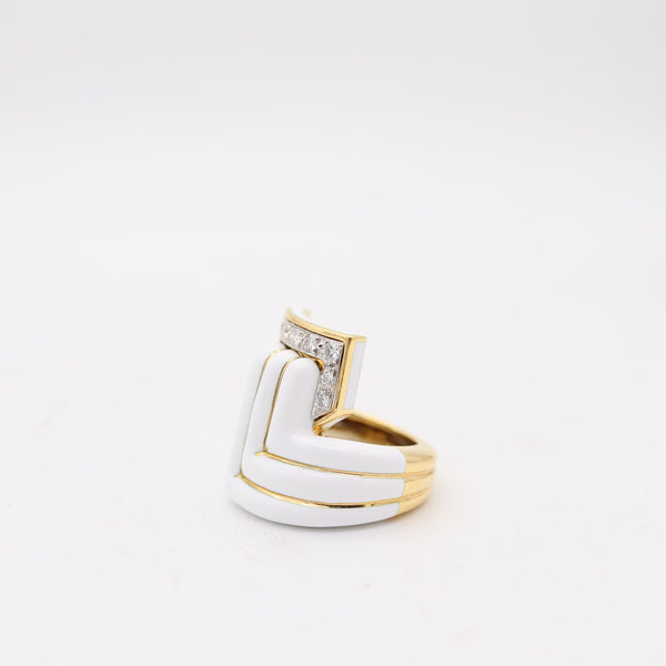 DAVID WEBB White Enameled Geometric Cocktail Ring With VVS Diamonds
