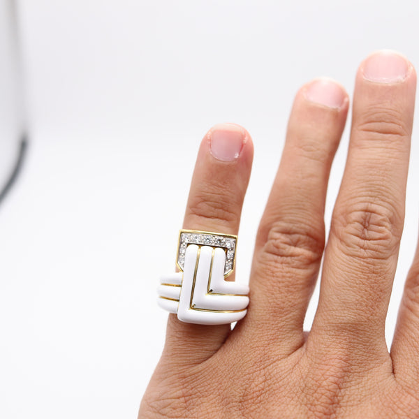 DAVID WEBB White Enameled Geometric Cocktail Ring With VVS Diamonds