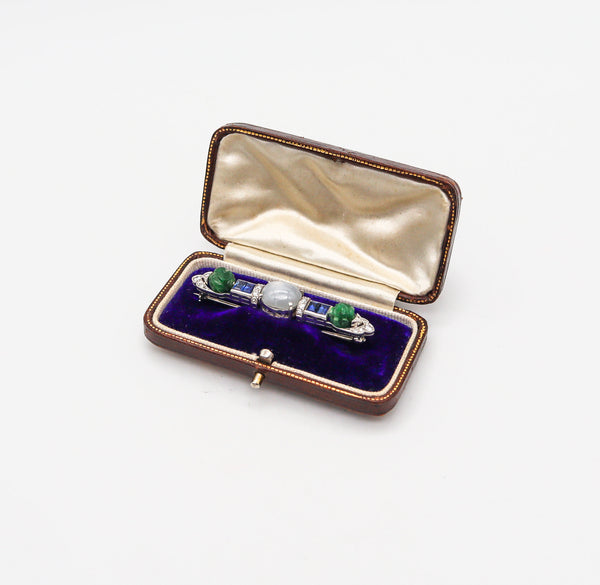 Wedderien 1928 Art Deco Carved Jade Clip In Platinum With 12.51 Cts In Diamonds And Sapphires
