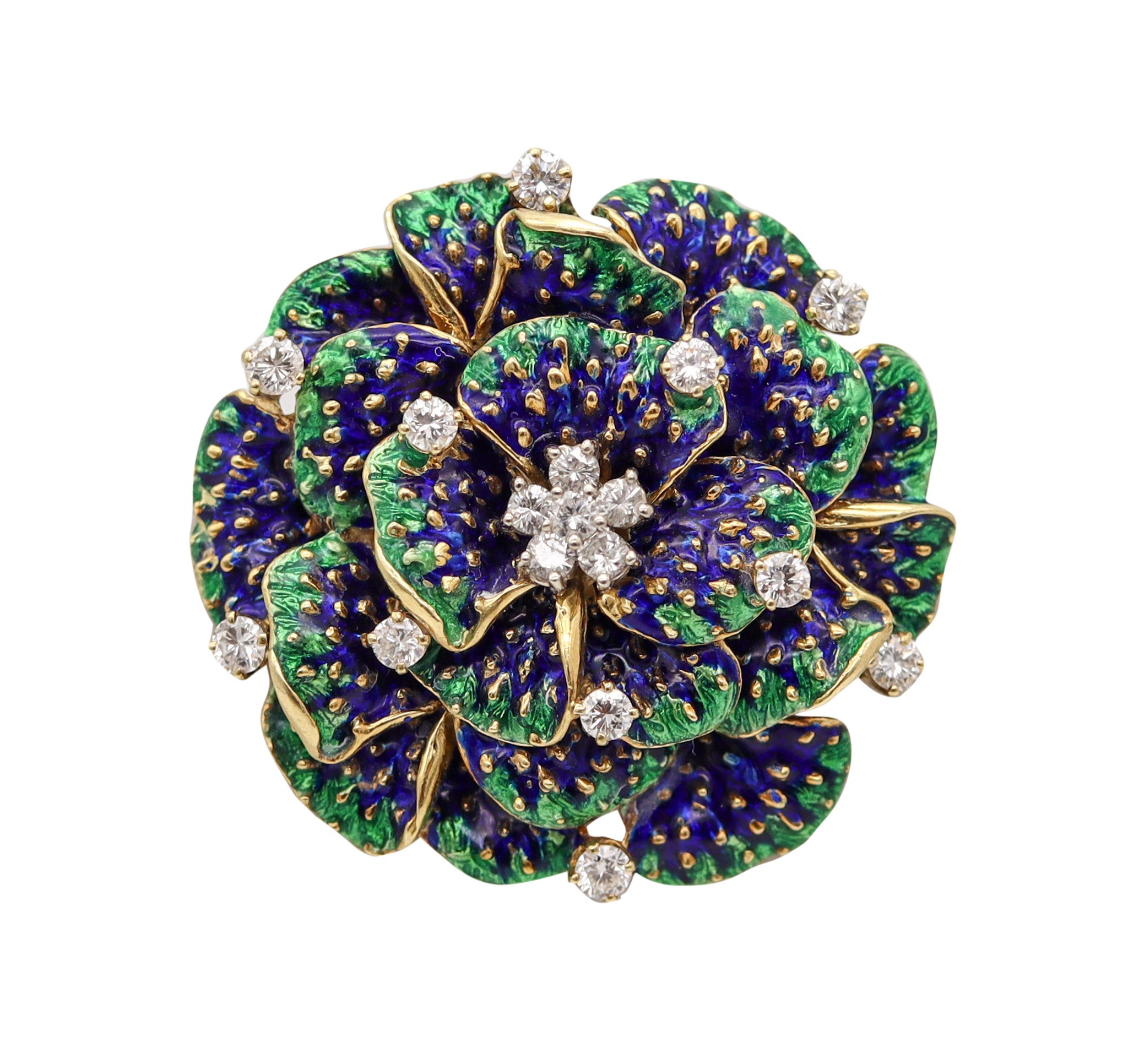 PETER LINDEMAN 1970 New York Enameled Brooch In 18kt Yellow Gold With Diamonds