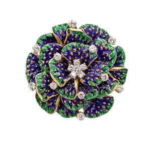 PETER LINDEMAN 1970 New York Enameled Brooch In 18kt Yellow Gold With Diamonds