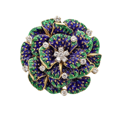 PETER LINDEMAN 1970 New York Enameled Brooch In 18kt Yellow Gold With Diamonds