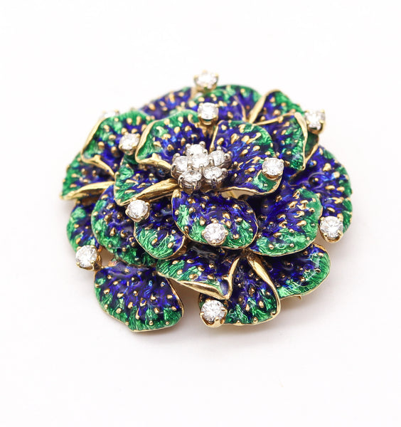PETER LINDEMAN 1970 New York Enameled Brooch In 18kt Yellow Gold With Diamonds