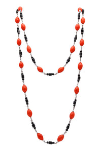 -Art Deco Long Necklace Sautoir In Platinum With Red Coral Onyx And Pearls
