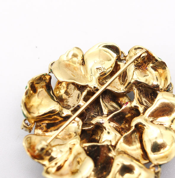 PETER LINDEMAN 1970 New York Enameled Brooch In 18kt Yellow Gold With Diamonds