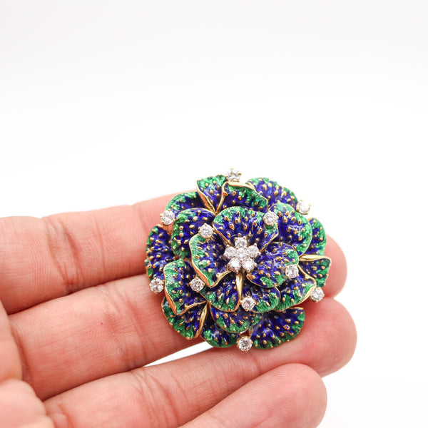 PETER LINDEMAN 1970 New York Enameled Brooch In 18kt Yellow Gold With Diamonds