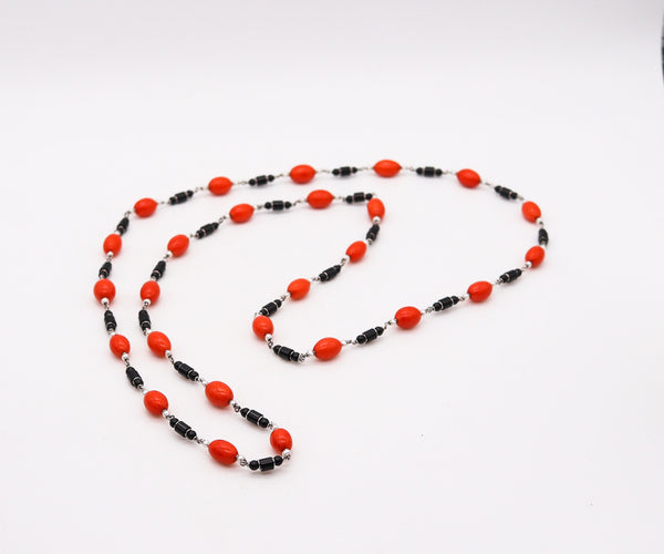 -Art Deco Long Necklace Sautoir In Platinum With Red Coral Onyx And Pearls