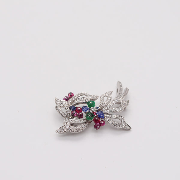 TUTTI FRUTTI 1950 Art-Deco Pendant Brooch In Platinum Diamonds & Gemstones