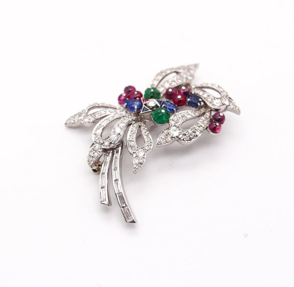 TUTTI FRUTTI 1950 Art-Deco Pendant Brooch In Platinum Diamonds & Gemstones