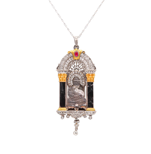 -Art Deco 1915 Enthroned Buddha Necklace In Platinum 18Kt Gold With Diamonds And Gems