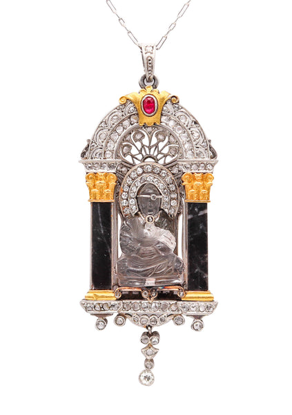 -Art Deco 1915 Enthroned Buddha Necklace In Platinum 18Kt Gold With Diamonds And Gems